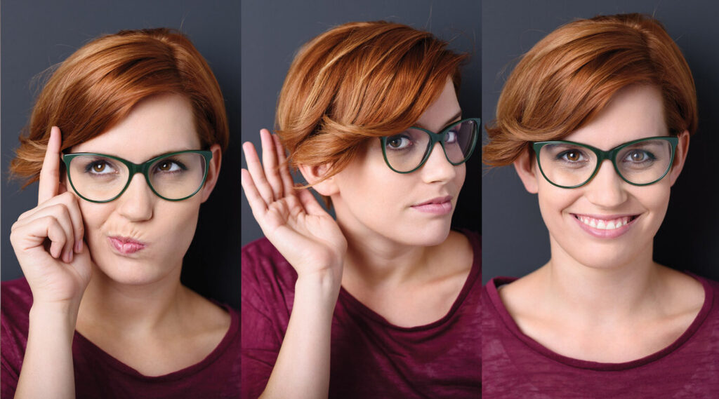 Drei Bilder einer Frau mit verschiedenen Gesichtsausdrücken. Joyce Meyer