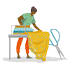 Illustration farbige Frau schneidet Stoffe zu